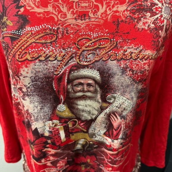Jess & Jane Red Santa Christmas Top M | Holiday Graphic Tunic Winter Bling Tee - Picture 2 of 8